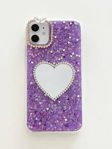 Rhinestone trang trí trái tim gương đèn flash trường hợp điện thoại - Màu tím - Xem 2