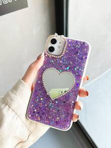 Rhinestone trang trí trái tim gương đèn flash trường hợp điện thoại - Màu tím - Xem 3