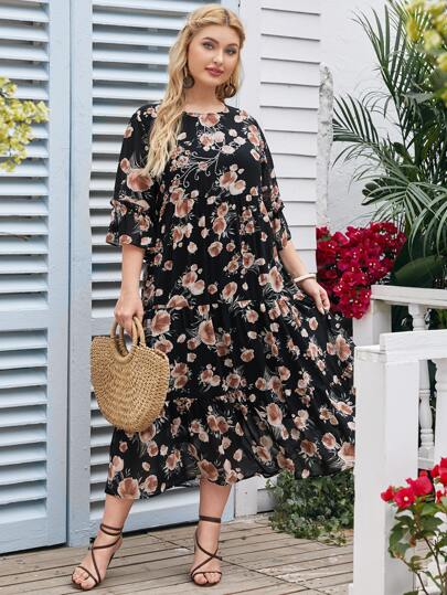 SHEIN Plus Allover Floral Print Flounce Sleeve Tiered Hem Dress
