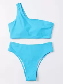 One Shoulder High Waist Bikini Set - Blue - View 1