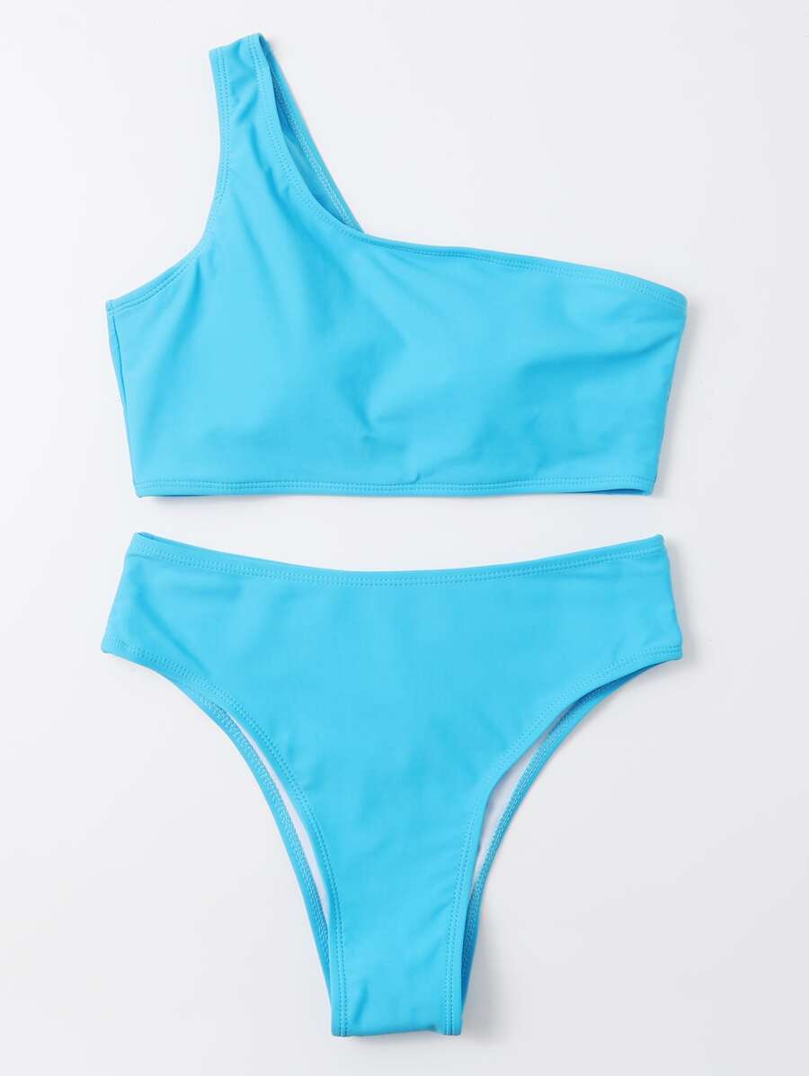 One Shoulder High Waist Bikini Set - Blue - View 1