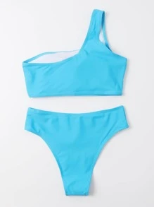 One Shoulder High Waist Bikini Set - Blue - View 2