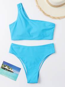 One Shoulder High Waist Bikini Set - Blue - View 3