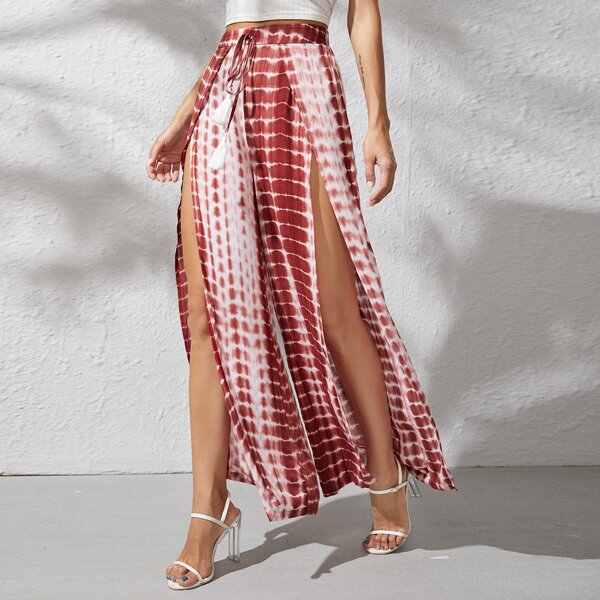 

Tie Dye Tassel Knot Waist Wrap Palazzo Pants, Rust brown