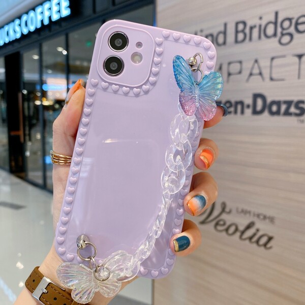 

3D Butterfly Decor Hand Strap Phone Case, Purple