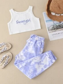 Toddler Girls Letter Embroidery Crop Tank Top With Tie Dye Sweatpants - Multicolor - View 1