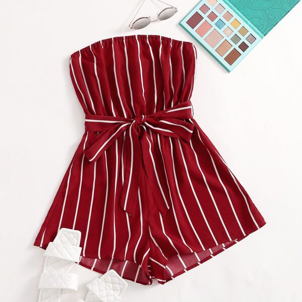 

Self Belted Striped Tube Romper, Burgundy