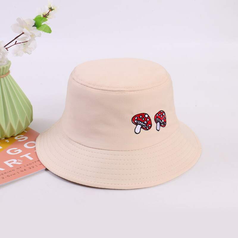 

Mushroom Embroidery Bucket Hat, Beige
