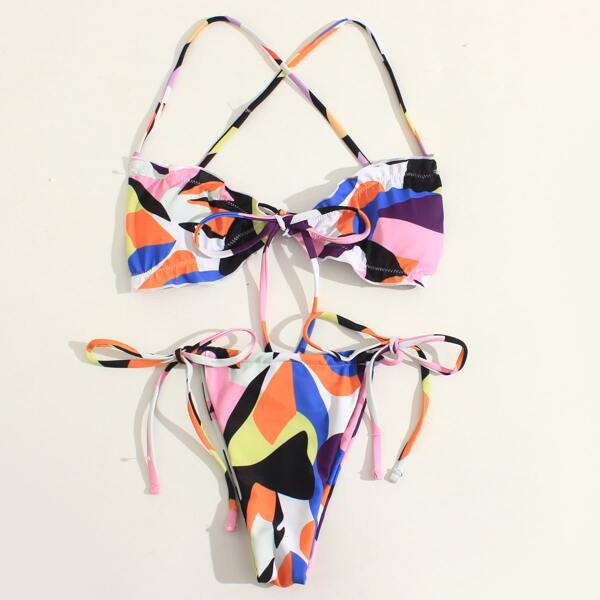 

Color Block Frill Thong Bikini Swimsuit, Multicolor