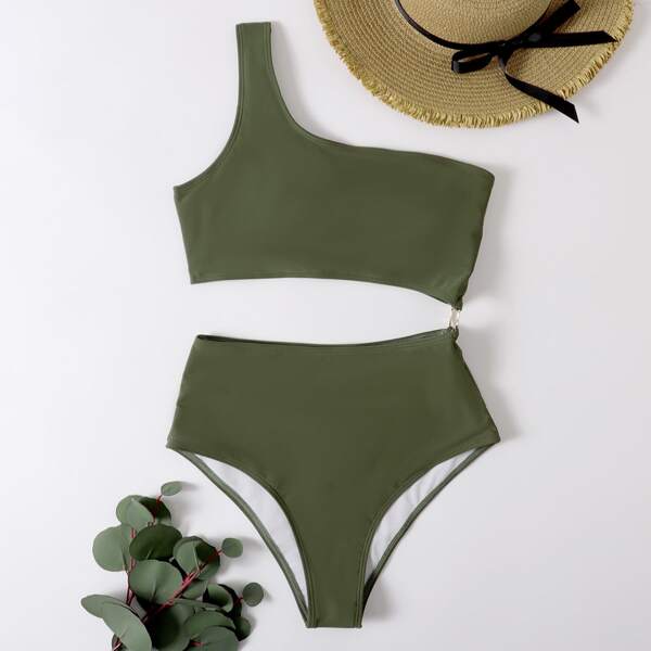 

One Shoulder High Waist One Piece Swimsuit, Army green