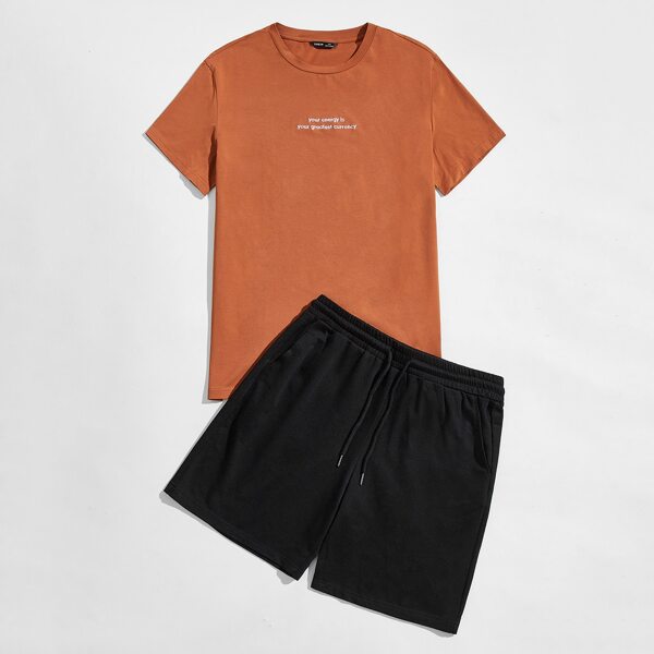 

Men Slogan Embroidery Top & Track Shorts Set, Multicolor