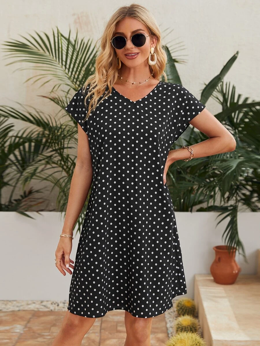 SHEIN Polka Dot Dress - Black - View 1
