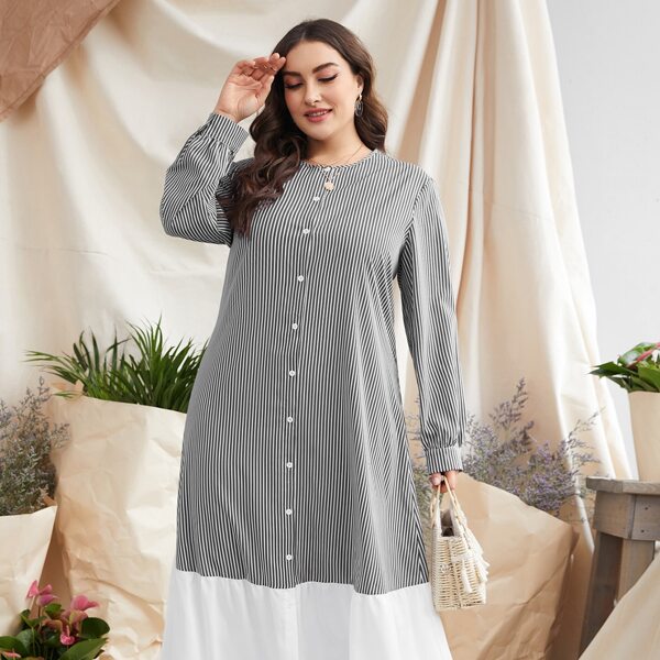 

Plus Striped Spliced Shirt Dress, Black and white