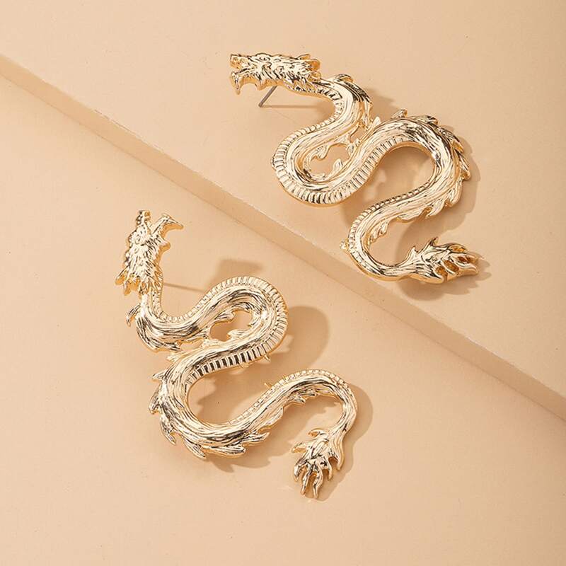 

Dragon Design Dangle Earrings, Gold