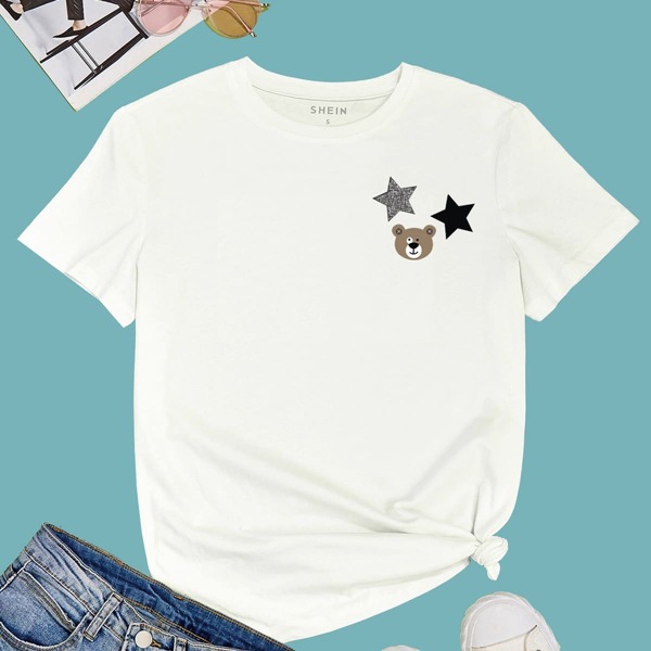 

Bear & Star Print Round Neck Tee, White