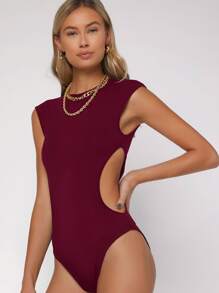 SHEIN BAE 素色鏤空緊身連體衣 - 紫紅色 - 查看 3