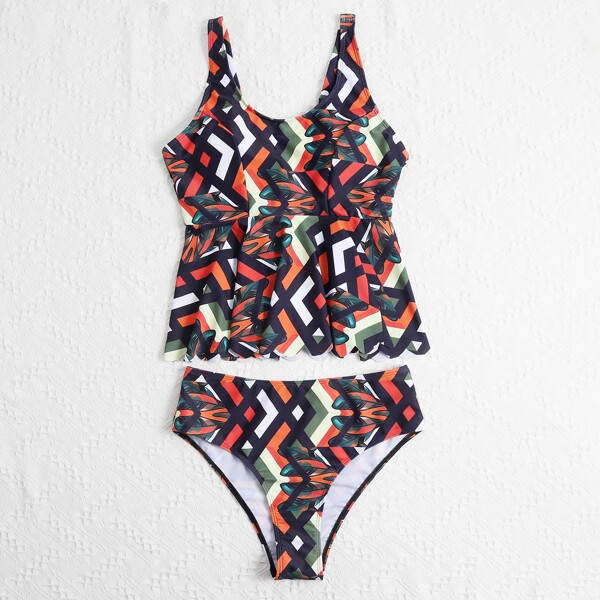 

Allover Graphic Ruffle Hem Bikini Swimsuit, Multicolor
