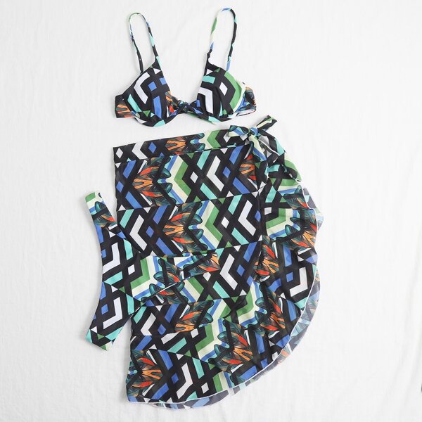 

3pack Geo Print Underwire Bikini Swimsuit & Beach Skirt, Multicolor