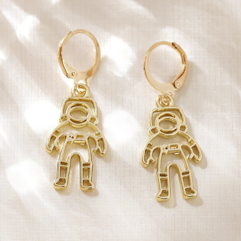 

Astronaut Design Drop Earrings, Gold