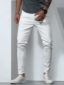 Manfinity Homme Jeans cónicos sólidos de algodón para hombre, ajuste delgado, largo, lavado claro, estilo cargo, color blanco llano, adecuados para trabajo, negocios casuales y esposo - Blanco - Ver 1