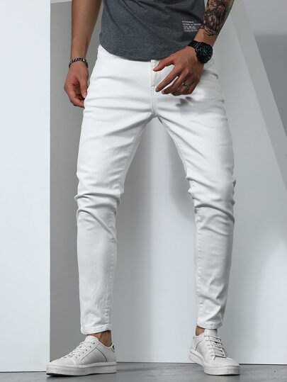 Manfinity Homme Jeans cónicos sólidos de algodón para hombre, ajuste delgado, largo, lavado claro, estilo cargo, color blanco llano, adecuados para trabajo, negocios casuales y esposo