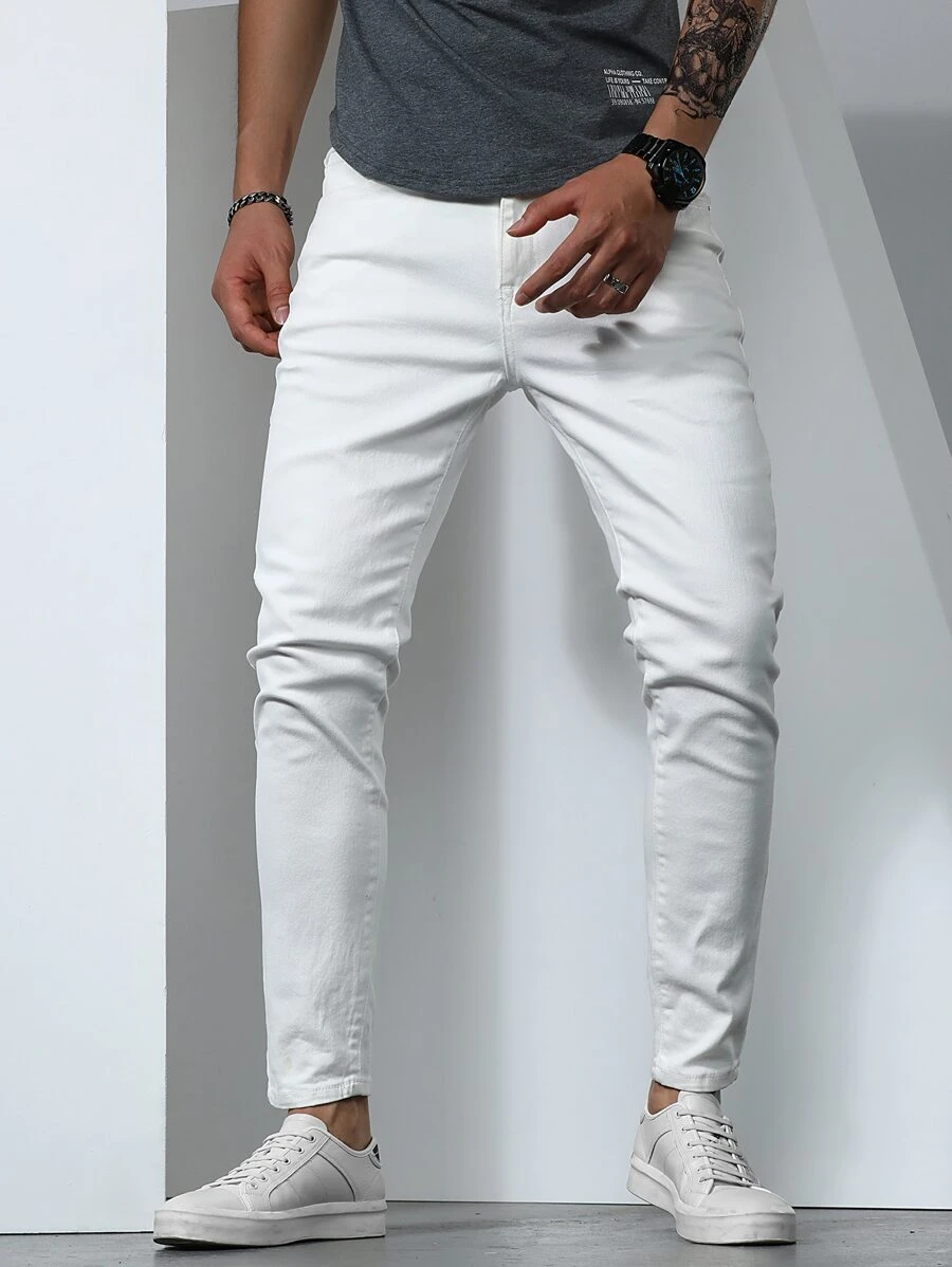 Manfinity Homme Jeans cónicos sólidos de algodón para hombre, ajuste delgado, largo, lavado claro, estilo cargo, color blanco llano, adecuados para trabajo, negocios casuales y esposo - Blanco - Ver 1