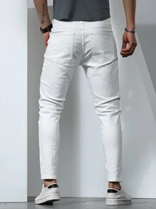 Manfinity Homme Jeans cónicos sólidos de algodón para hombre, ajuste delgado, largo, lavado claro, estilo cargo, color blanco llano, adecuados para trabajo, negocios casuales y esposo - Blanco - Ver 2