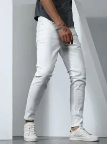 Manfinity Homme Jeans cónicos sólidos de algodón para hombre, ajuste delgado, largo, lavado claro, estilo cargo, color blanco llano, adecuados para trabajo, negocios casuales y esposo - Blanco - Ver 3