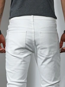 Manfinity Homme Jeans cónicos sólidos de algodón para hombre, ajuste delgado, largo, lavado claro, estilo cargo, color blanco llano, adecuados para trabajo, negocios casuales y esposo - Blanco - Ver 5