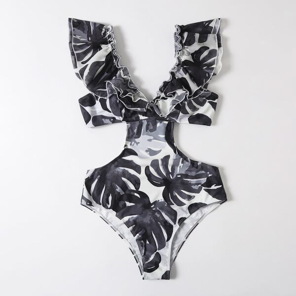 

Tropical Ruffle Cut-out One Piece Swimsuit, Black