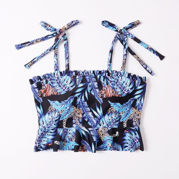 

Tropical & Animal Tie Shoulder Bikini Top, Multicolor