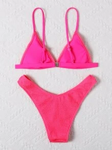 夏季罗纹三角高开叉比基尼套装 - 玫紅色 - 查看 2