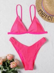 夏季罗纹三角高开叉比基尼套装 - 玫紅色 - 查看 5