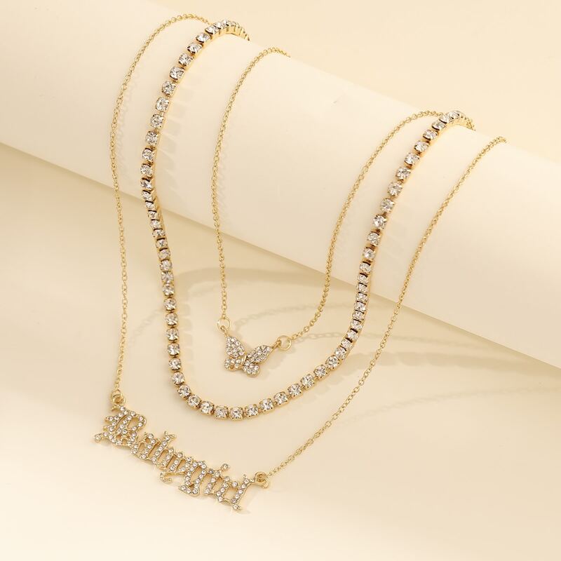 

Rhinestone Letter & Butterfly Layered Necklace, Gold