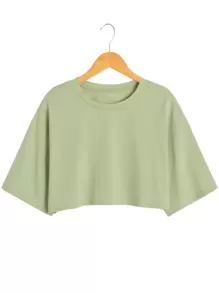 INAWLY Solid Drop Shoulder Crop Tee