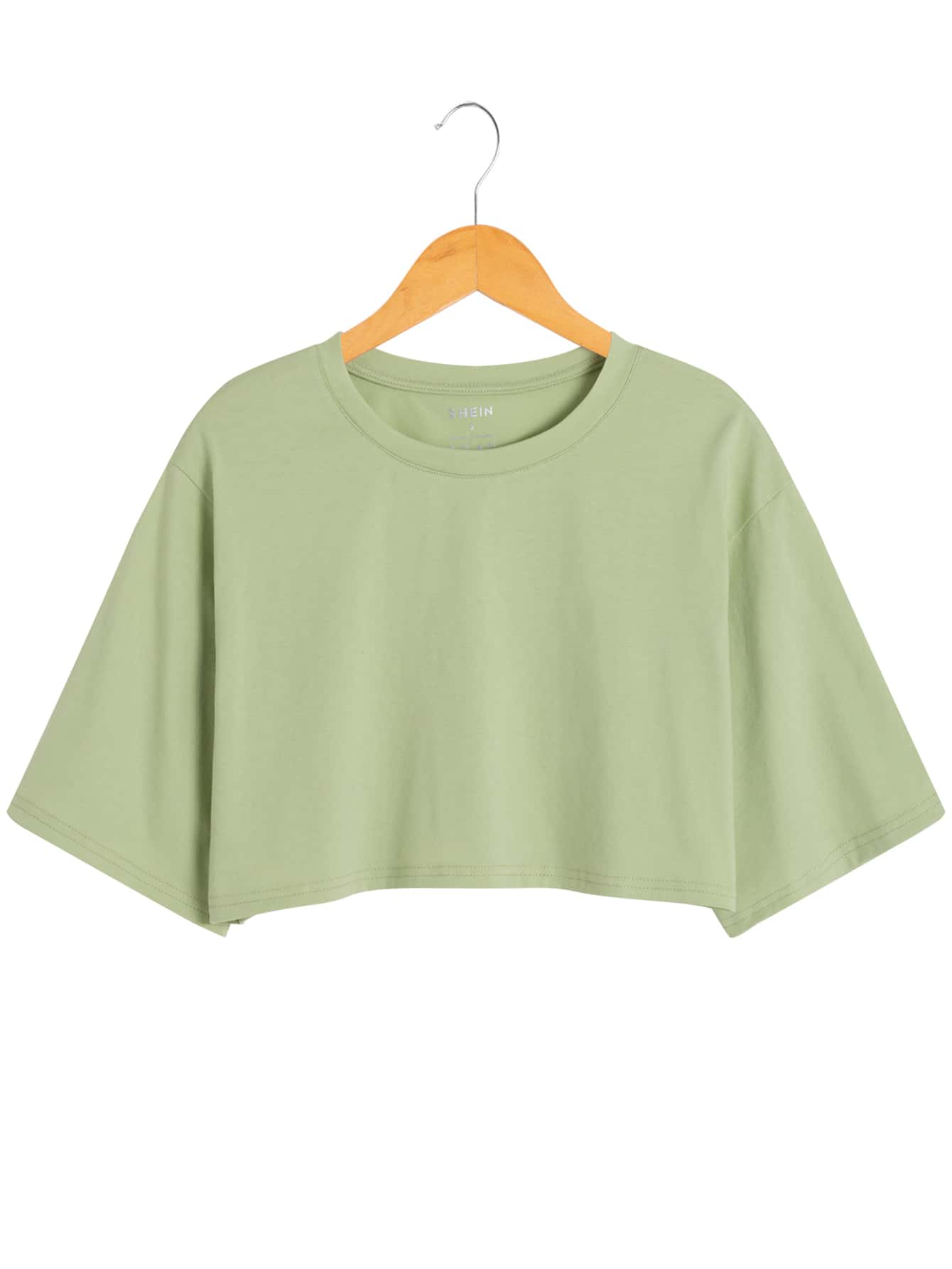 INAWLY Solid Drop Shoulder Crop Tee