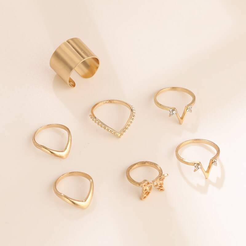 

7pcs Rhinestone Butterfly Ring, Gold