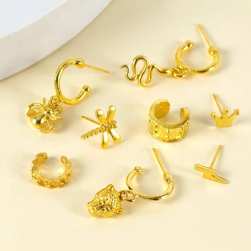

8pcs Animal Design Stud Earrings, Gold