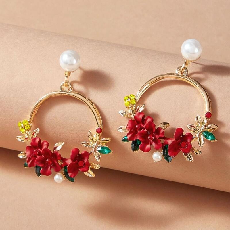 

Flower Charm Drop Earrings, Red