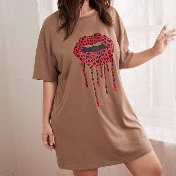 

Plus Mouth Print Drop Shoulder Night Dress, Khaki