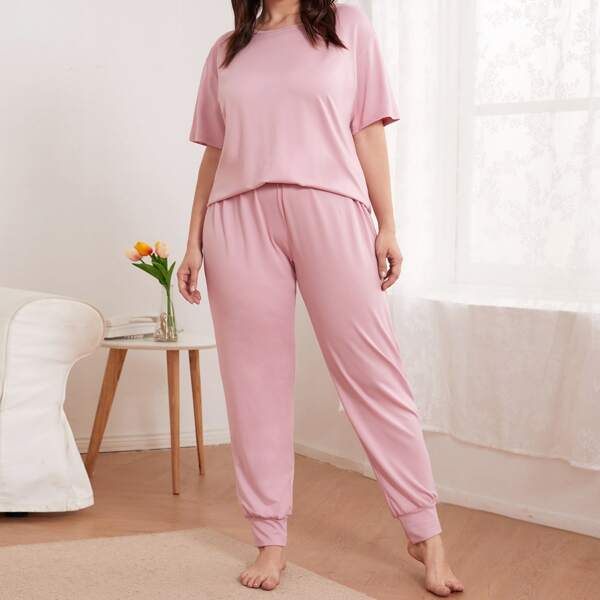 

Plus Drop Shoulder Solid Pajama Set, Baby pink
