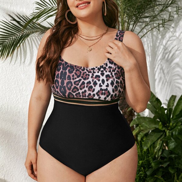

Plus Contrast Leopard One Piece Swimsuit, Multicolor