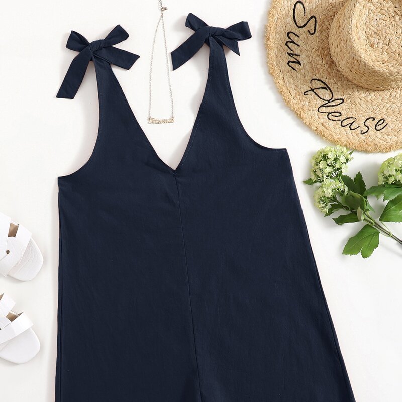 

Tie Shoulder Suspender Jumpsuit, Navy blue