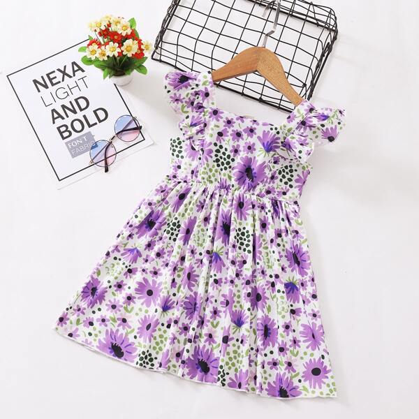 

Toddler Girls Floral Print Ruffle Trim Dress, Multicolor