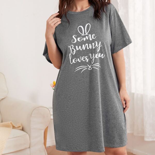 

Plus Slogan Graphic Night Dress, Grey