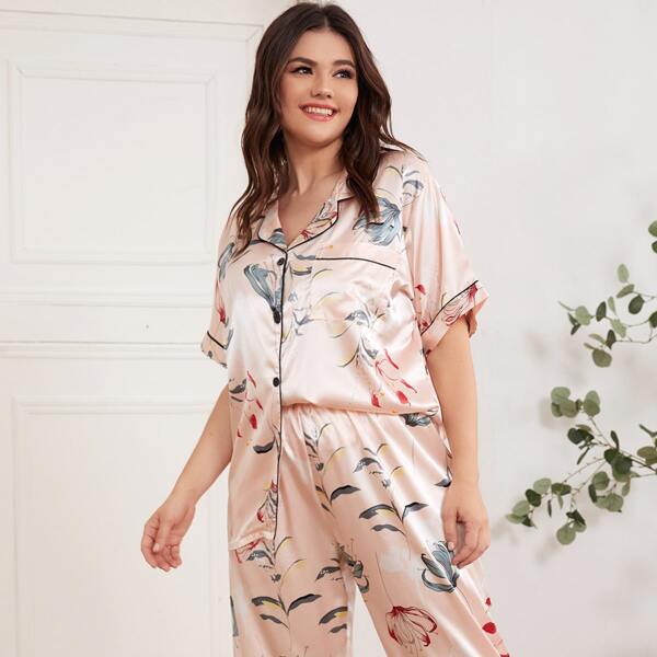 

Plus Satin Floral Print PJ Set, Champagne