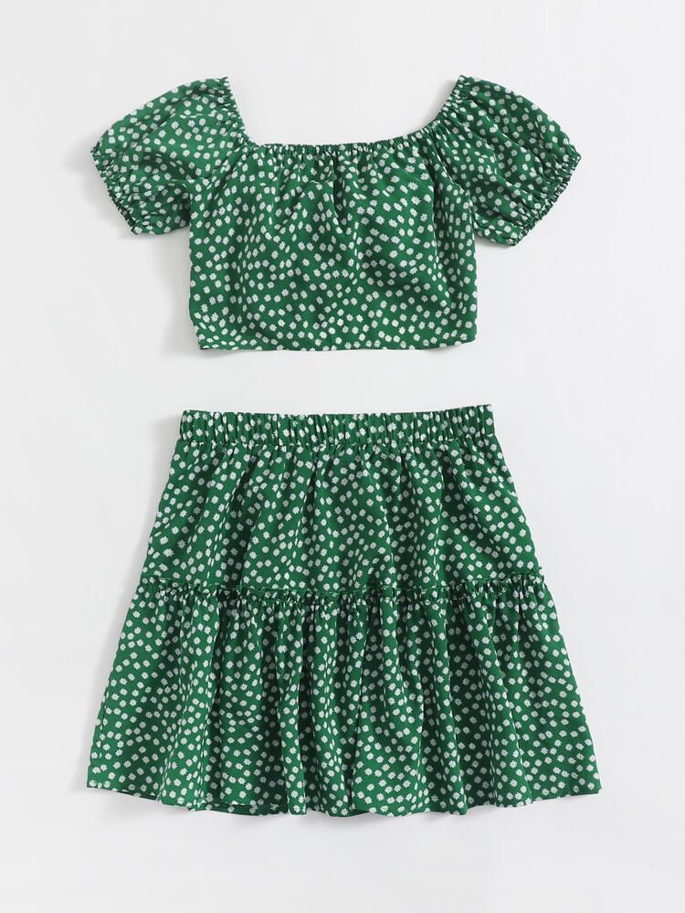 SHEIN Conjunto top de lunares de manga farol con falda ribete fruncido - Multicolor - Añade 2