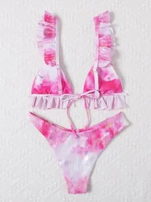 Conjunto de bikini con volantes en estampado de piel de serpiente y teñido anudado - Rosa - Ver 2