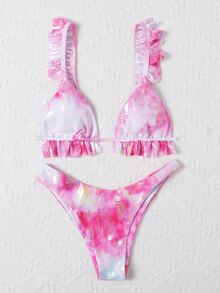 Conjunto de bikini con volantes en estampado de piel de serpiente y teñido anudado - Rosa - Ver 3