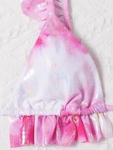 Conjunto de bikini con volantes en estampado de piel de serpiente y teñido anudado - Rosa - Ver 4